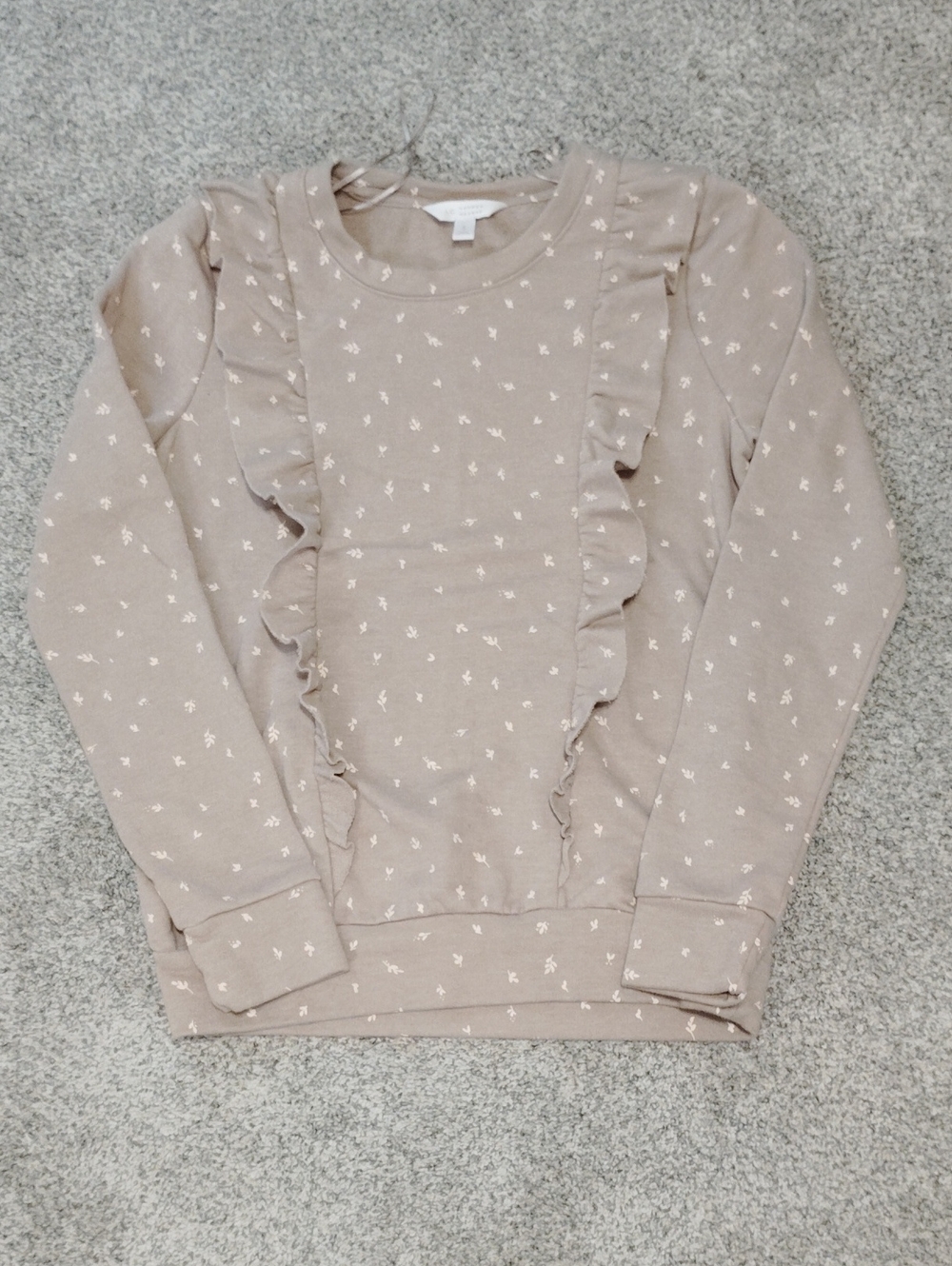 LC Lauren Conrad Taupe Crewneck Sweatshirt with White Floral Ruffle